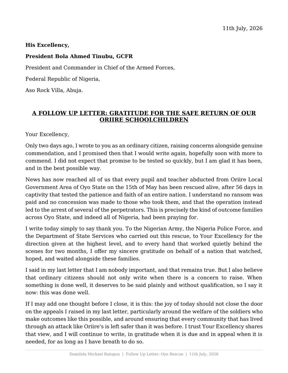 dammyio's tweet photo. A quick follow up to my letter from two days ago. Great news: all the abducted Oriire schoolchildren and teachers have been rescued alive after 56 days. Thank you to our security agencies and to Mr President for seeing this through. 🇳🇬
#Nigeria #OyoState #NigerianArmy https://t.co/adIhAQXGKL