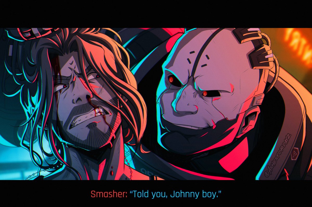 Ashesfordayz's tweet photo. Redrew an old Johnny Silverhand and Smasher drawing 🔥 #cyberpunk2077 https://t.co/dL93Ty8lSg