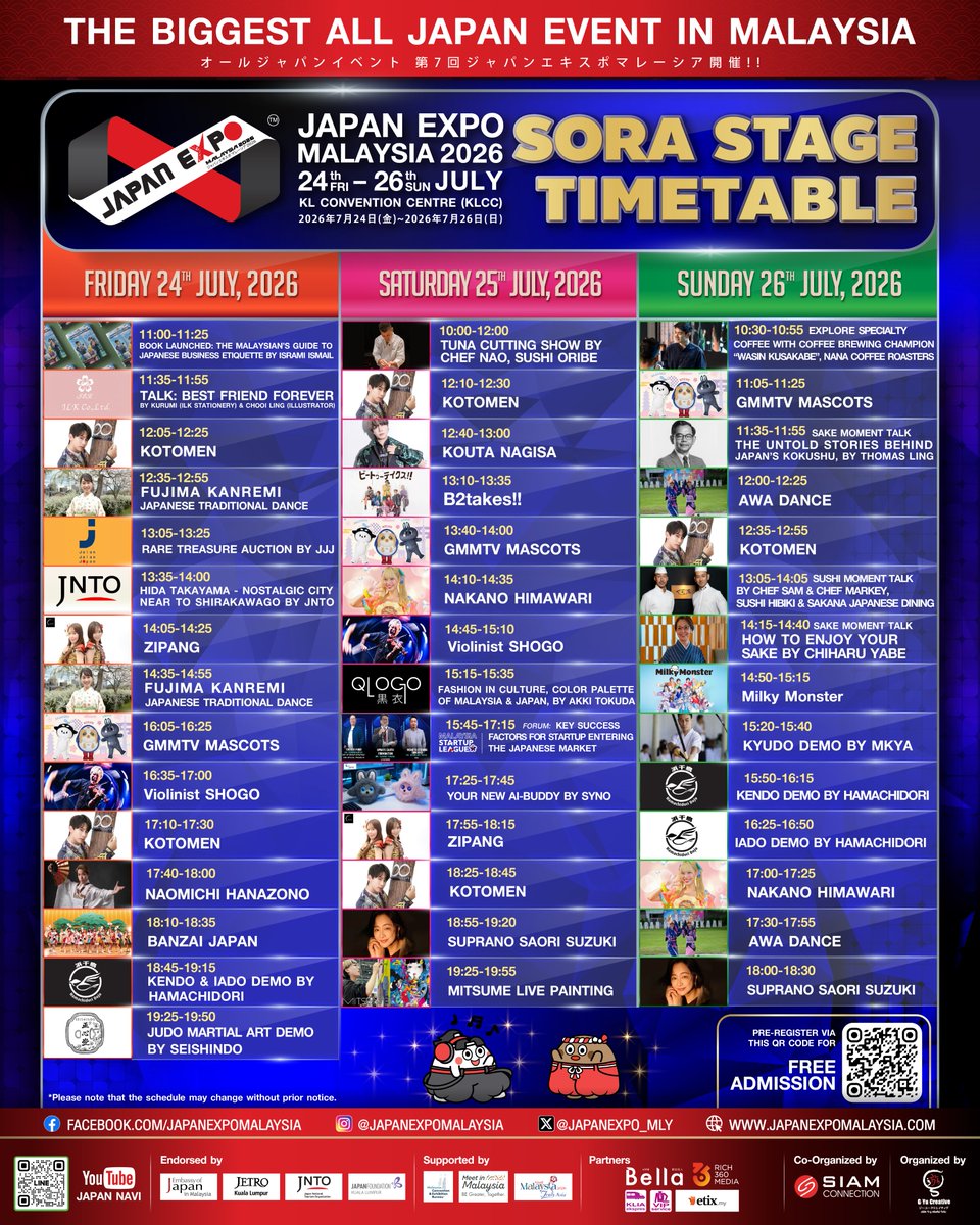 JAPANEXPO_MLY's tweet photo. 🎤✨ Japan Expo Malaysia 2026 stage is ready!

Enjoy cultural performances, live demonstrations, special guests, forums, and showcases at #Japanexpomalaysia2026.

📅 Check the timetable and plan your visit. See you at Kaze and Sora stage!

#GYUCREATIVE #siamconnection https://t.co/KJorwHyeXN