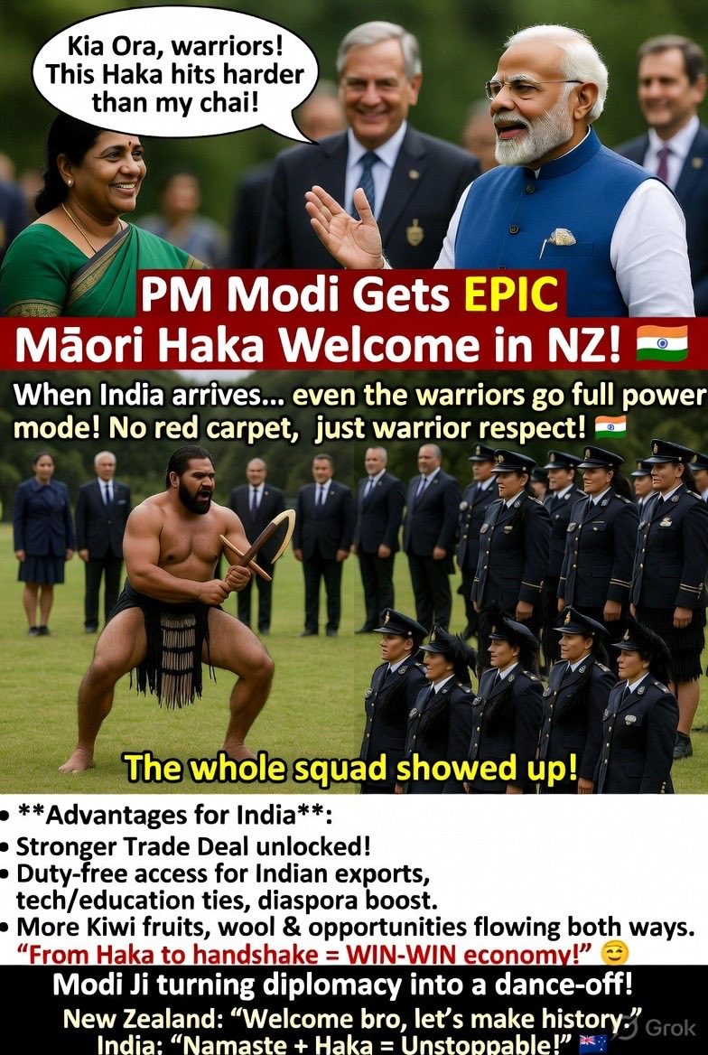 Raveenatomar1's tweet photo. No words. Just respect. 🇮🇳🔥🇳🇿
A powerful Māori Haka welcome for PM Modi—where culture speaks louder than protocol and diplomacy meets tradition.
#Haka #Modi #NewZealand #IndiaNewZealand #SoftPower #CulturalDiplomacy
@CSEPlanB https://t.co/dolABlT9Jn
