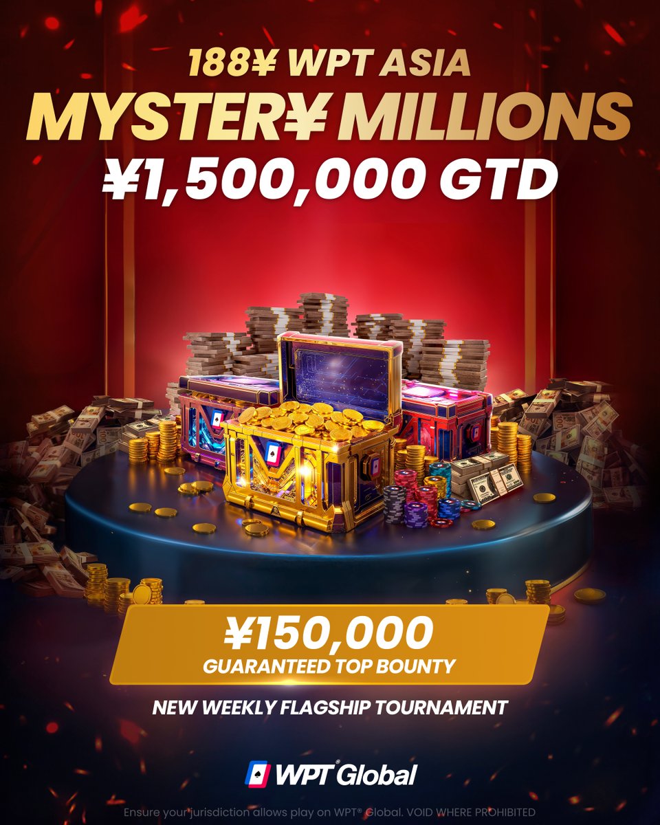 wpt_global's tweet photo. 🔥 TIME IS RUNNING OUT 🔥

MYSTER¥ MILLIONS is almost ready to go!

🏆 ¥150,000 GTD Top Bounty
🎟️ Buy-in: ¥188

Jump in and chase the MYSTER¥! #MILLIONS https://t.co/Ka1aOX2nGH