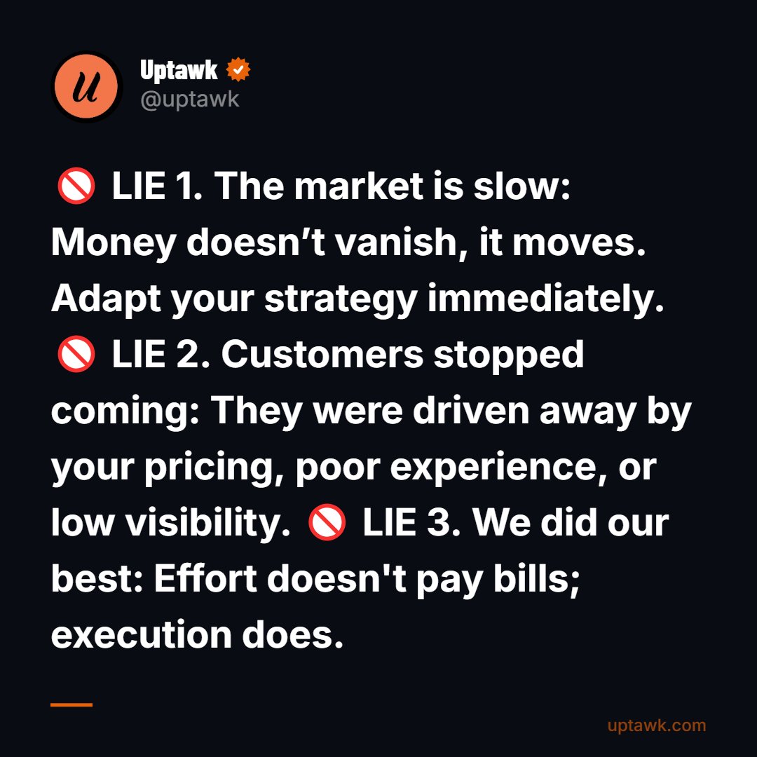 uptawkApp's tweet photo. If you accept stories over data, you aren’t running a business, you are managing a crisis. The market doesn't reward effort; it rewards results. https://t.co/FVEX6UQ6f8