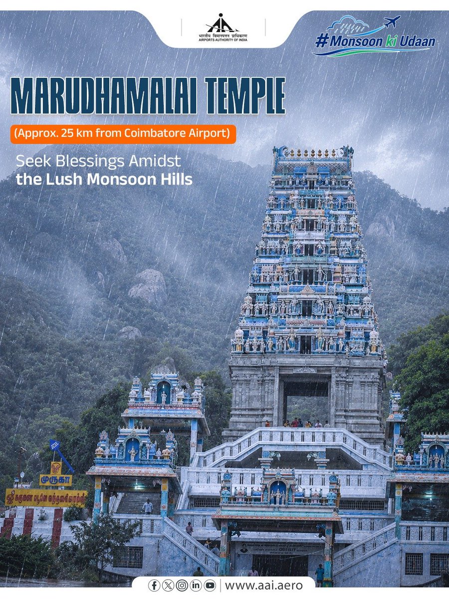 AAI_Official's tweet photo. From the spiritual charm of Perur Pateeswarar Temple and Marudhamalai Temple to the refreshing beauty of Kovai Kutralam Falls and the lush landscapes of Semmozhi Poonga Botanical Park, discover some of Tamil Nadu's most memorable monsoon experiences- just a short drive away.

Before you fly, stay weather-ready, arrive early, keep your travel documents handy, and follow airport updates for a smooth journey.

#MonsoonKiUdaan #AAI #CoimbatoreAirport #MonsoonTravel