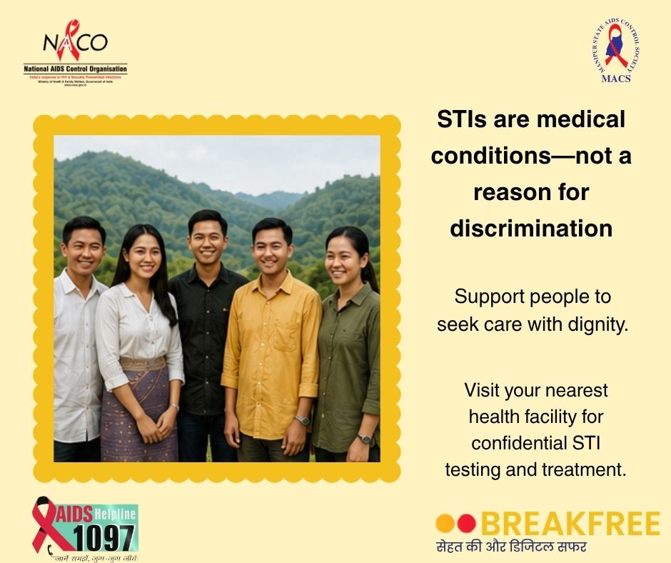 ManipurAIDS's tweet photo. STIs are medical conditions—not a reason for discrimination.
Support people to seek care with dignity.
#IndiaFightsHIVansTI #KnowYourHIVStatus #HIVAwareness #HIVPrevention
#EndAIDS #EndStigma https://t.co/OoQFIfCR7L