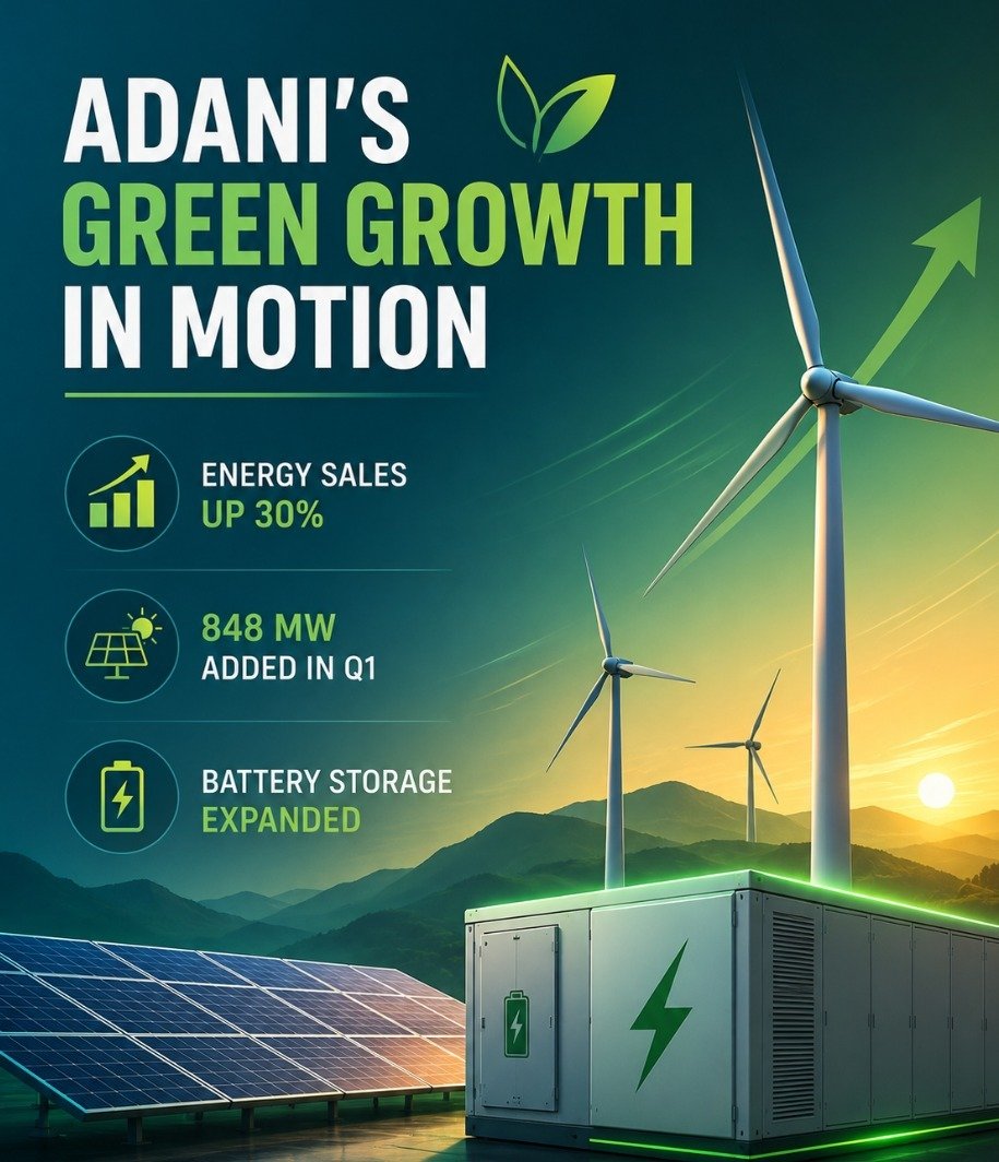 Vrindaword1's tweet photo. Adani Green Is Scaling Clean Power With Storage-Backed Growth

Renewable energy becomes more powerful when generation is supported by storage and consistent execution.

Adani Green’s 30% rise in energy sales, 848 MW capacity addition in Q1 and battery storage expansion show how the company is strengthening India’s clean energy backbone.