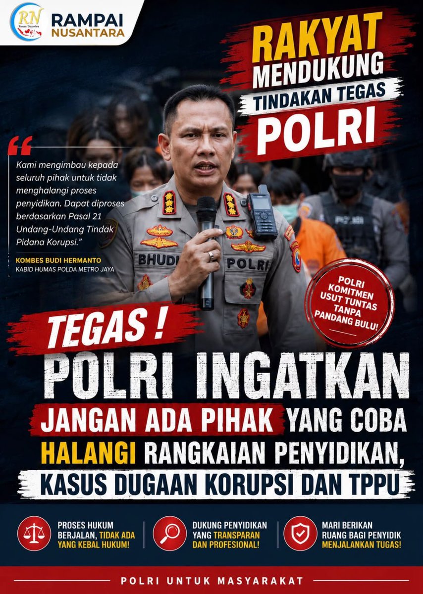 RAMBUTPUTIHKU's tweet photo. Polri Ingatkan Jangan Ada Pihak Yang Coba Halangi Rangkaian Penyidikan Kasus Dugaan Korupsi dan TPPU

Rakyat Mendukung Tindakan Tegas Polri #polri #̤p̤o̤l̤r̤i̤p̤r̤e̤s̤i̤s̤i̤ #rakyat https://t.co/JP0sNzmTpl