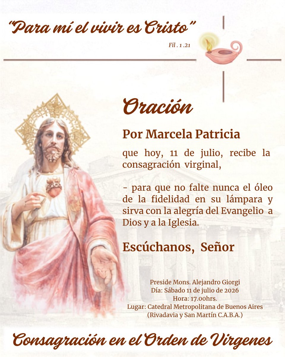 ocvar's tweet photo. 🪔Nos unimos en oración con alegría por la consagración de Marcela, hoy 11 de julio a las 17 hs en la Catedral Metropolitana Buenos Aires de manos de Mons Giorgi. La celebración podrá seguirse en vivo a través de Youtube:
https://t.co/AhG2Uzw4bk https://t.co/53kqOPVHP2