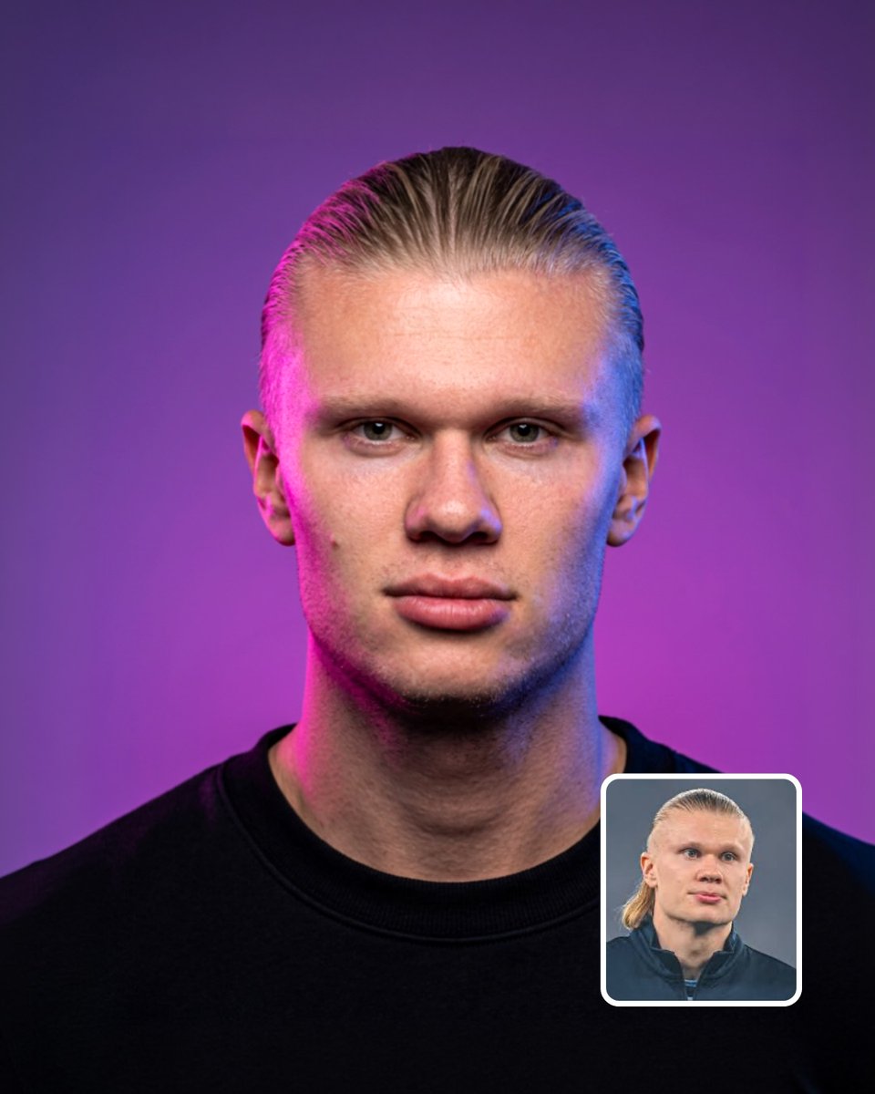 Taaruk_'s tweet photo. GPT image 2 on Chatgpt 

Prompt:
Create an ultra-realistic cinematic neon studio portrait of the person in the uploaded reference image. Preserve the subject's exact identity, facial structure, hairstyle, hairline, eyes, nose, lips, jawline, skin texture, facial hair, ears, and all unique facial details with extremely high identity consistency. Do not beautify, reshape, age, or alter the face.

Centered front-facing head-and-shoulders composition, subject looking directly into the camera with a calm, confident, neutral expression. Perfectly symmetrical passport-style framing transformed into premium cinematic editorial photography. The subject wears a plain oversized black crewneck sweatshirt with no logos, text, or graphics.

Studio background is a smooth purple-to-violet gradient with a subtle soft glow. Strong magenta-pink neon light illuminates the left side of the face and neck, while cool blue-cyan rim light illuminates the right side. Soft neutral key light from the front preserves natural skin tones and realistic facial details. Beautiful neon color separation, controlled highlights, soft shadows, subtle atmospheric glow.

Shot on an 85mm portrait lens, f/2.0, eye-level camera, tight medium close-up, shallow depth of field, razor-sharp eyes, realistic pores, individual hair strands, natural skin imperfections, detailed fabric texture, professional color grading, HDR, premium sports editorial campaign, cinematic studio photography, photorealistic, 8K.

IMPORTANT: use the uploaded image only as the identity reference. Keep the exact same person and recognizable facial identity. Do not copy the original background, clothing, pose, or lighting. Generate a clean neon studio portrait.

No inset reference image, no picture-in-picture, no small photo in the corner, no border, no frame, no watermark, no captions, no text, no logos.

Negative prompt: face alteration, different person, identity drift, beautified face, plastic skin, excessive retouching, cartoon, anime, illustration, CGI, 3D render, distorted anatomy, asymmetrical eyes, blurry face, low resolution, duplicate subject, reference thumbnail, inset photo, picture-in-picture, white border, text, watermark, logo.