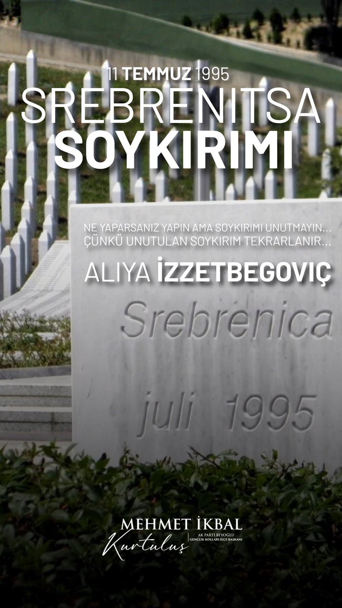 MehmetkurtulsAK's tweet photo. 11 Temmuz 1995’te, Avrupa’nın göbeğinde modern tarihin en karanlık sayfalarından biri yazıldı: #SrebrenitsaKatliamı

Aradan geçen yıllara rağmen dinmeyen bu derin sızıyı yüreğimizde taşıyor; hayatını kaybeden tüm masumları saygı ve rahmetle anıyoruz.
Unutmadık, unutmayacağız. https://t.co/Ps7J3fYiE0