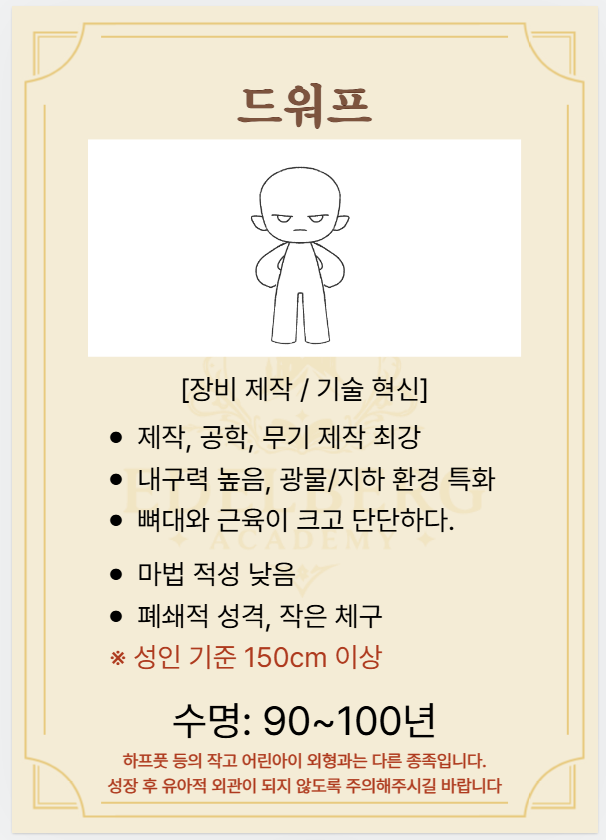 edelberg_AC's tweet photo. *드워프 

* 굵은 뼈대, 높은 근육량, 타 종족 보다 수염이 잘 나고 작지만 옆으로 두꺼운 종족입니다.   대표적인 하프풋, 라라펠 등의 어린아이의 외형의 종족과는 별도의 종족임을 주의해주세요.   예시) 던전밥- 센시, 나마리(O) / 칠책(X) https://t.co/uZmLs6Omnq