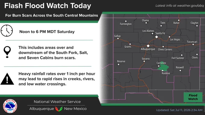 A Flash Flood Watch is in effect for the South Central Mountains, including the Ruidoso area burn scars for Saturday afternoon.