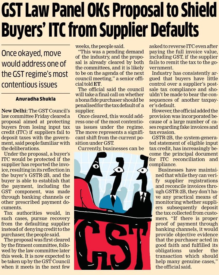 rambajajgst's tweet photo. Genuine taxpayers may finally be safeguarded from ITC reversals caused by supplier defaults, reducing unnecessary litigation and compliance uncertainty.

Recommandation by GST Council Law Committee, to be discussed in Next GST Council Meeting 

Ram Bajaj
8696424223

For Regular GST Updates, Join this Group
https://t.co/0FJcNngdhU