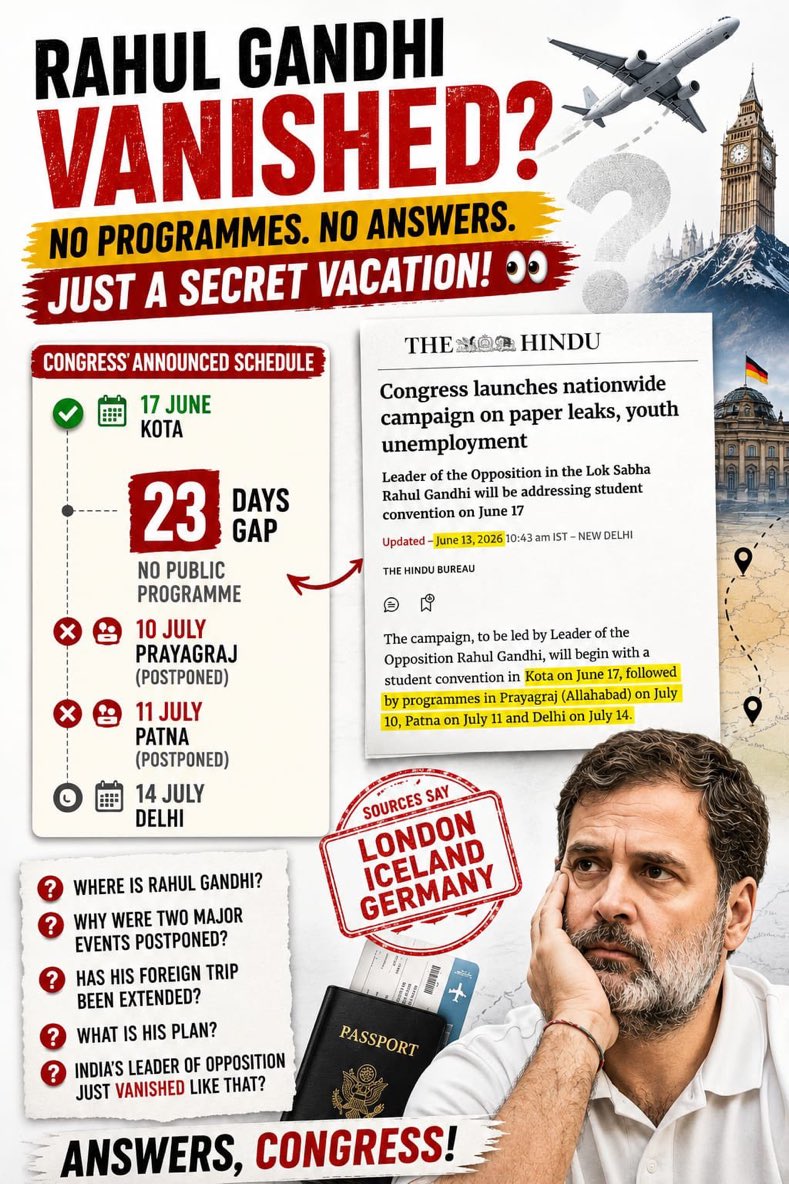 BesuraTaansane's tweet photo. Remember the huge rock concert type stage in Kota where CONg launched a “Nationwide Campaign” against paper leaks? 

They tried to project Rahul Gandhi as the cool dude who understands youth etc 

But guess what? India’s most non serious but devious politician ditched the campaign to travel to Europe for some secret meetings

It has been 23 days and student events scheduled for 10&11 July got cancelled 

Students can go to hell he says… my foreign meetings are more important 

Clearly he is planning a big dangerous disruption & I hope India’s youth realise that CONg is only using them for dirty politics