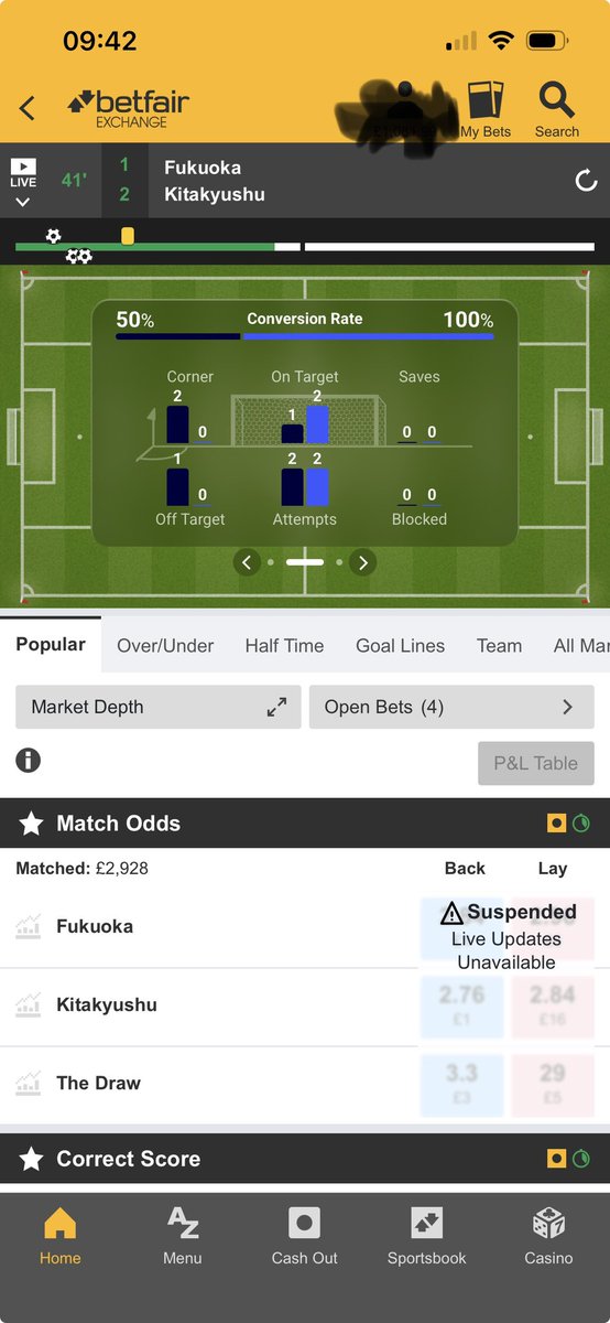 chrisrich1a's tweet photo. Hi @betfaircs why is Fukuoka v Kitakyushu football match suspended on the exchange? Been like that for a while and now half time, can it please be put back in play? https://t.co/BMCeSLloKZ