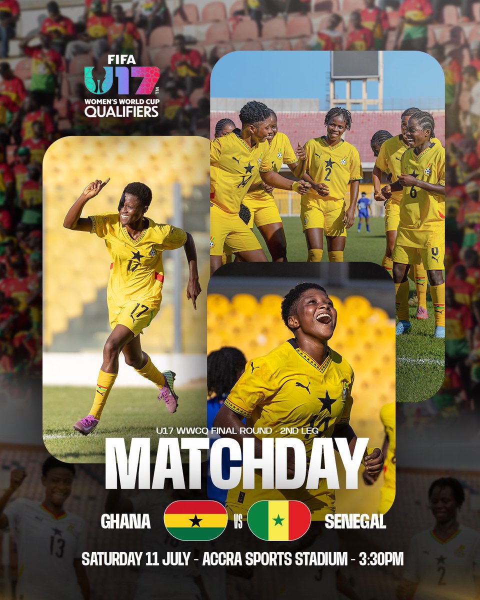 GhanaWNT's tweet photo. It's Matchday! 🇬🇭

📍 Accra Sports Stadium
 🕞 3:30pm

🎫: Gate free

📺: GFA YouTube channel 

Together, let's cheer our girls on to the World Cup! 👏

#ShineBlackMaidens✨
#FIFAU17WWCQ https://t.co/Xq2scKwzjq