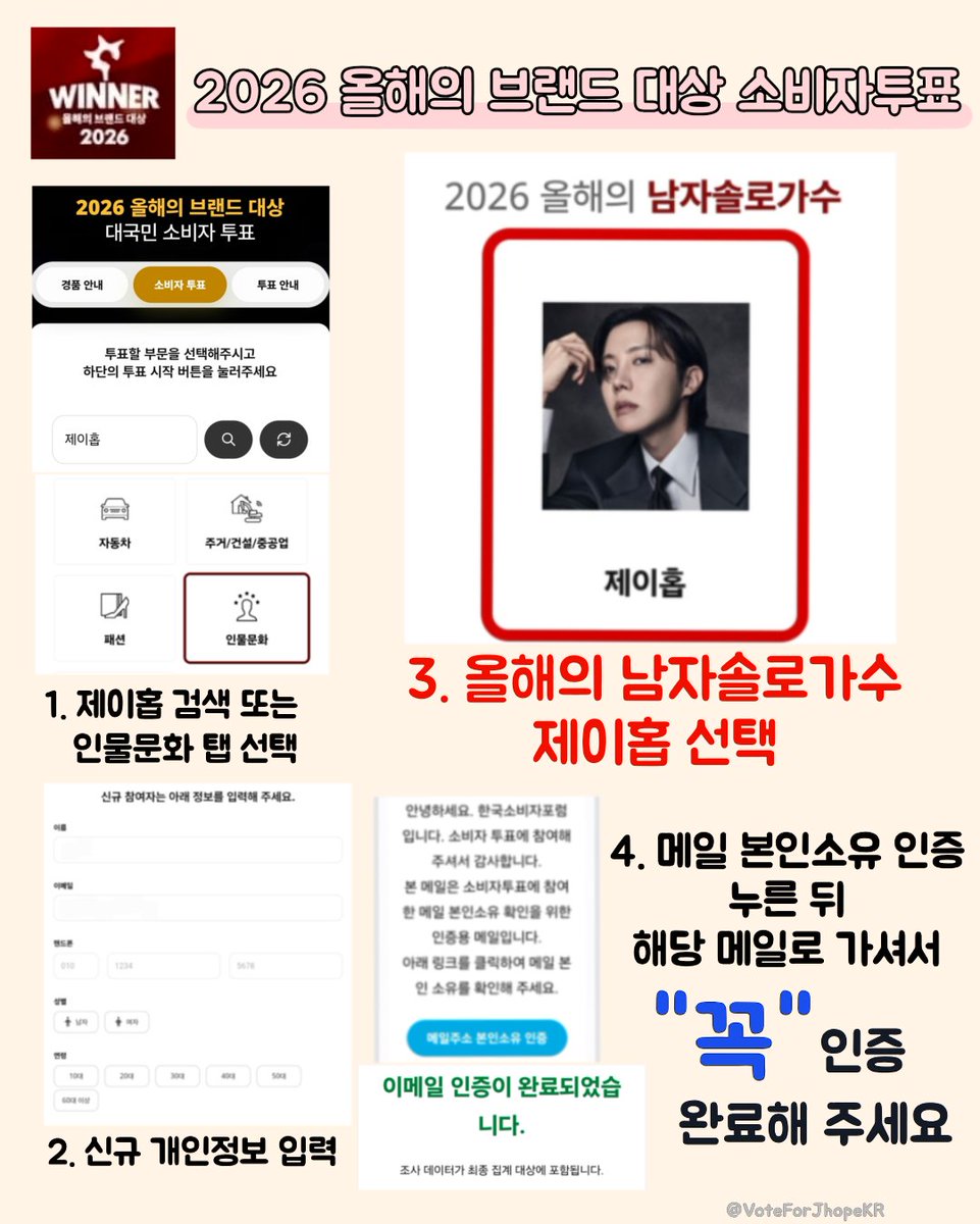 VoteForJhopeKR's tweet photo. 🗳2026 올해의 브랜드 대상
🔗https://t.co/PjPPgYdJgb
🗓7/12(일)까지‼️내일 마감‼️

📢마감 전 마지막 주말입니다! 주변의 투표 가능한 메일 모두 찾아주세요🔥
❗️친구메일, 가족메일 모두 동원하기
❗️잊고있던 구글메일 모두 꺼내기
❗️투표샷 올리고 투표 알리기

✔️개인정보 입력 - 남자솔로가수 #제이홉 선택 - 메일 인증
✅️등록 메일로 가셔서 [메일 본인 소유 인증] 꼭 완료해 주세요

#VoteForJhope