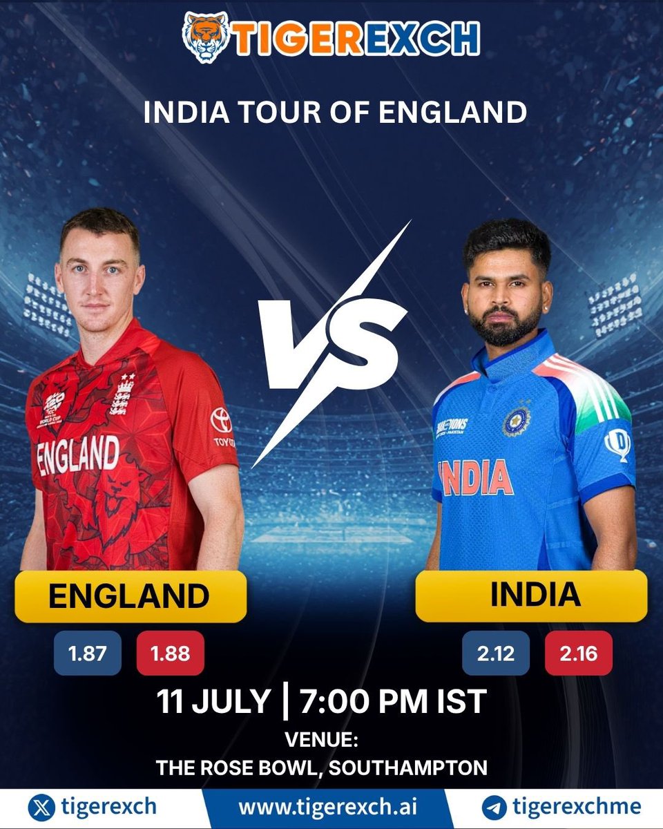 tigerexch's tweet photo. Is India going to win the last one or is it gonna be England again. 

87p England favourite: Get the most premium odds on Tiger Exchange and join the action 🐯🏆

Match Day Exclusive Offers:
✨10% Joining Bonus (Instant)
✨ 3% USDT Deposit Bonus
✨ 3% Weekly Lossback
✨ 2% Bonus On Daily First Bank Deposit 

Test your knowledge and play smart on https://t.co/i4DC0HSbk1 

Whatsapp for ID
https://t.co/2vbh2XUuT6