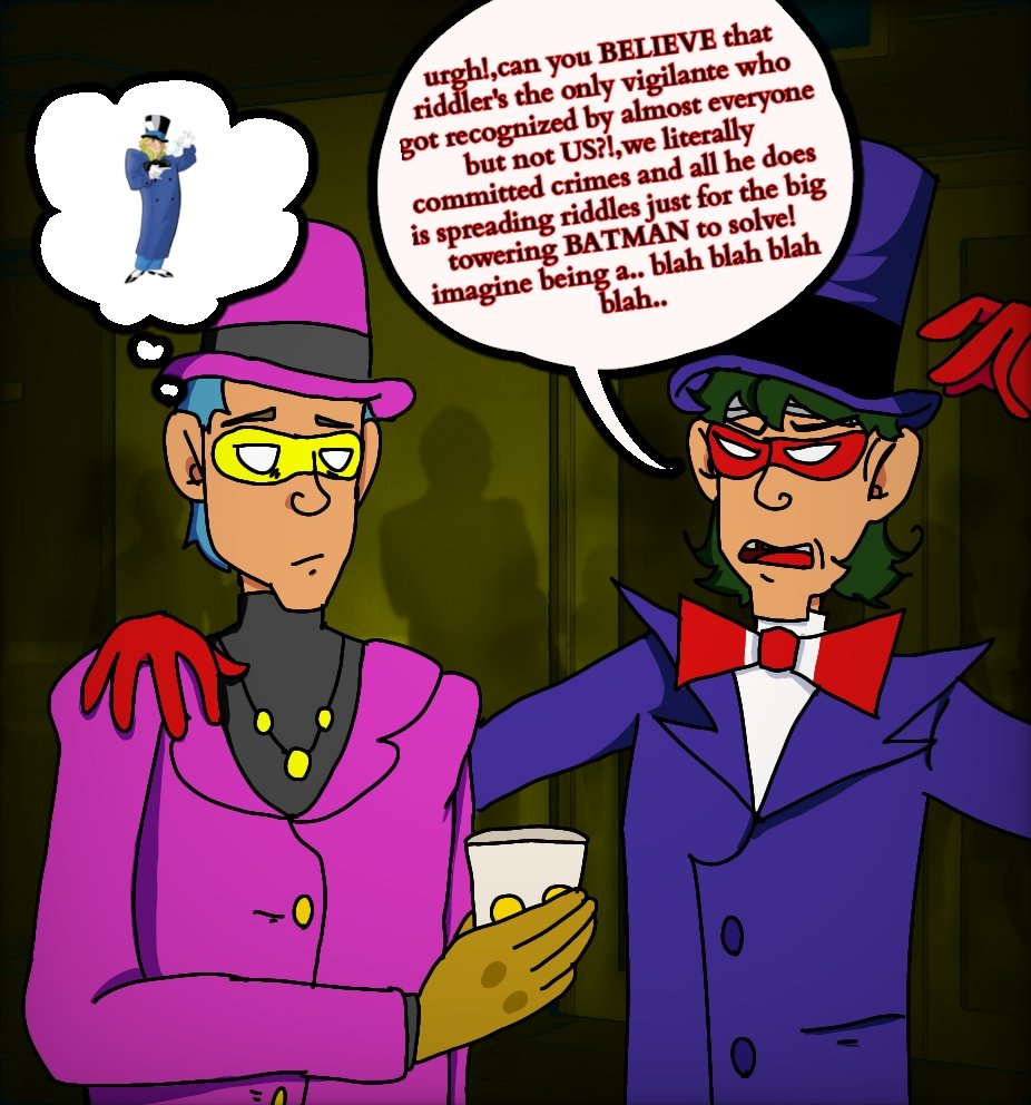 TEvilb0i's tweet photo. These riddlers are fake lol,just had a thought where riddler has cheap knockoff because of how famous he is since riddler's reform,btw the magenta one is the dot &amp; the purple one is the exclamation mark,cool idea but idk
#btas  #riddler https://t.co/HpqV68OMEO