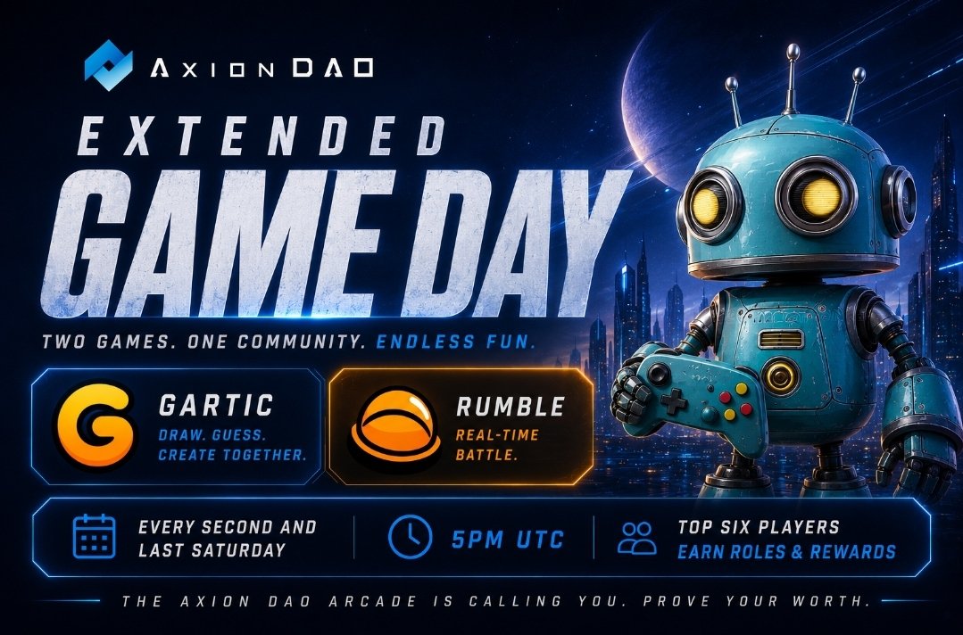 axion_network's tweet photo. 🎮ATTENTION  Axionauts!🎮
🔥 IT’S TIME FOR EXTENDED GAME DAY SATURDAY! 🔥

⏰ Join us by 5pm UTC.

🎯 We’ll be hosting FOUR (4) rounds of gameplay today:

🕹 Round 1: Rumble
🕹 Round 2: Rumble
🎨 Round 3: Gartic
🕹 Round 4: Rumble (Final Round!)

📍 Axion Arcade Day takes place in Discord : https://t.co/sketztJ5zd
⏰ Start Time: 5:00 PM UTC
💰 Every session comes with its own cash + role rewards!

Don't miss this!!!