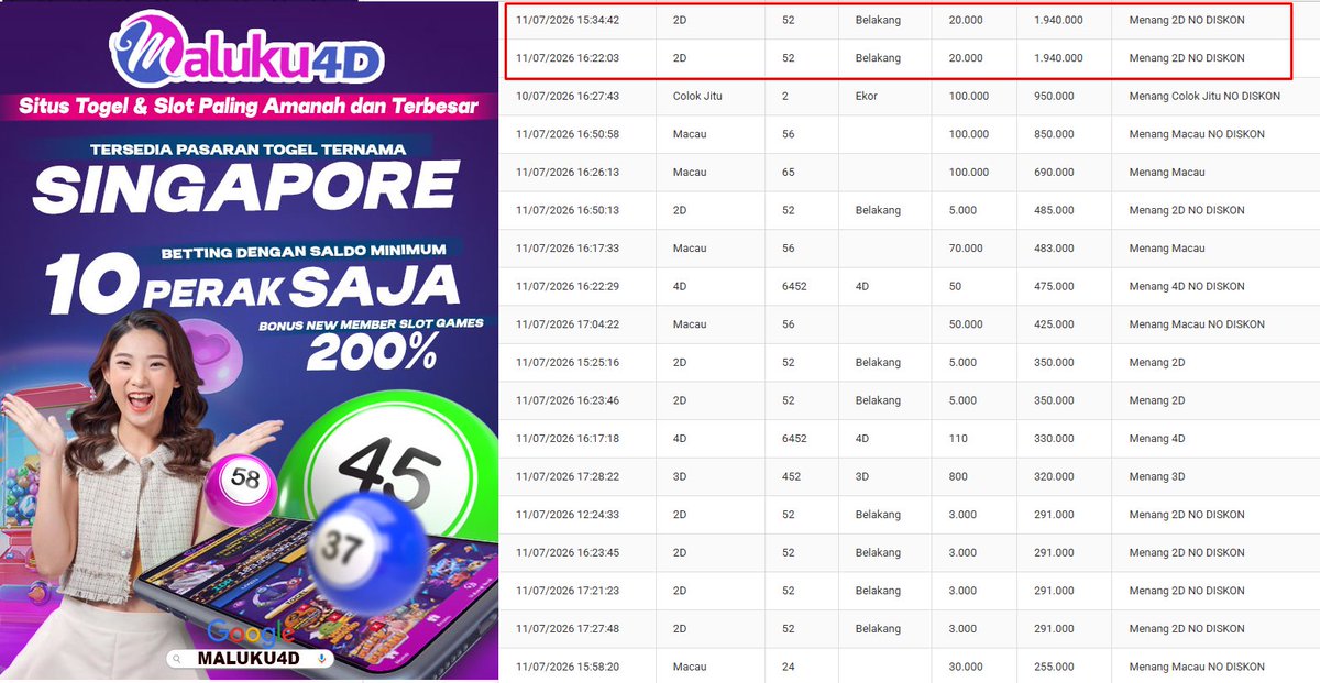 cherry101022's tweet photo. MALUKU4D - AGENT BETTING ONLINE TERBAIK

🔥 Min Bet 10 perak
💰 Minimal Deposit 5.000
🏧 Minimal Withdraw 30.000
➖➖➖➖➖
~ Bonus New Member Slot 200% (Depo50 jadi 150)
~ Bonus New Member Togel 10%
~ Bonus Freespin 25%

DAFTAR >>  https://t.co/1Ks1PBV5CX https://t.co/ZRLNIln3lU