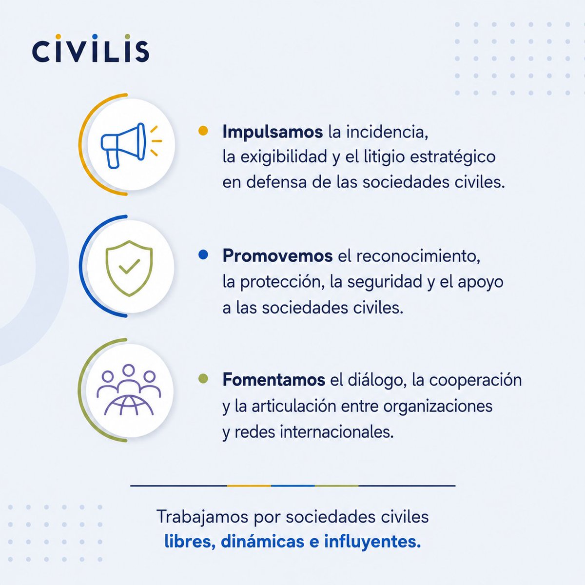 civilisorg_'s tweet photo. Las sociedades cambian cuando las organizaciones pueden actuar libremente. En CIVILIS impulsamos investigación, incidencia, cooperación y alianzas para fortalecer la sociedad civil y proteger el espacio cívico.

👩‍💻Conoce nuestro trabajo en https://t.co/ny2wLbW2fZ https://t.co/QeGNjB90MA