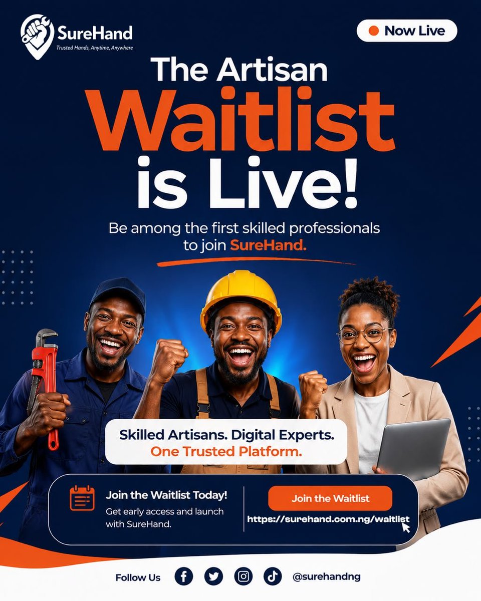 surehandng's tweet photo. IT’S LIVE! THE SUREHAND ARTISAN WAITLIST IS NOW OPEN! 🔥🔥

Are you a skilled artisan or freelance professional looking for more jobs and more opportunities? https://t.co/CBwVX8dpOb