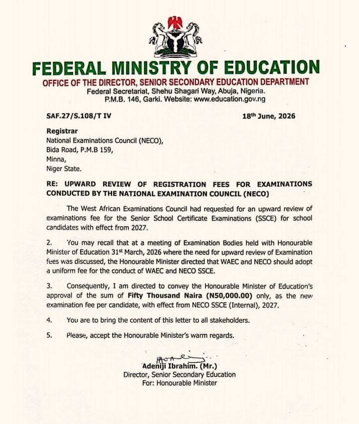 Bin_Ussein's tweet photo. The Nigerian ministry of education is increasing the amount charged for NECO registration by more than 100% without providing a single justification. 

Banana Republic. https://t.co/td4Y2SrzQO