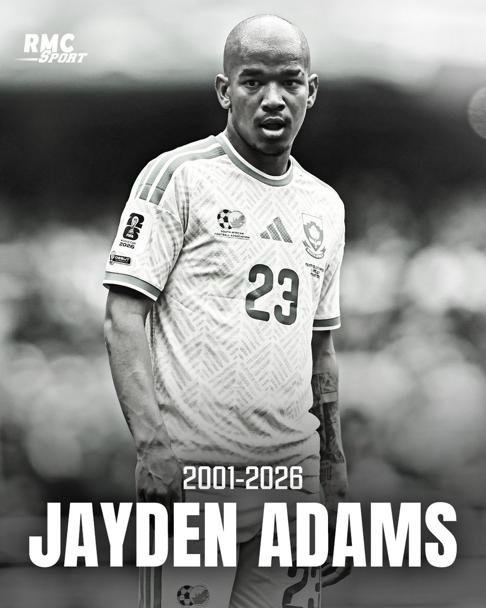 RMCsport's tweet photo. 🕊️🇿🇦 La presse sud-africaine annonce ce samedi la mort du milieu de terrain des Bafana Bafana Jayden Adams, à 25 ans. Le joueur des Mamelodi Sundowns venait de disputer la Coupe du monde 2026 avec l’Afrique du Sud.

https://t.co/ekNQWmJieE https://t.co/nMZ7SIOW2Y