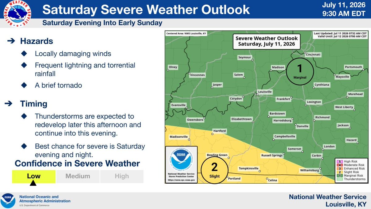 NWSLouisville's tweet photo. Thunderstorms are expected to redevelop later this afternoon and continue into this evening. Best chance for severe is Saturday evening and night with locally damaging winds, frequent lightning and torrential rainfall being the main threats. https://t.co/bUBjx5jwCs