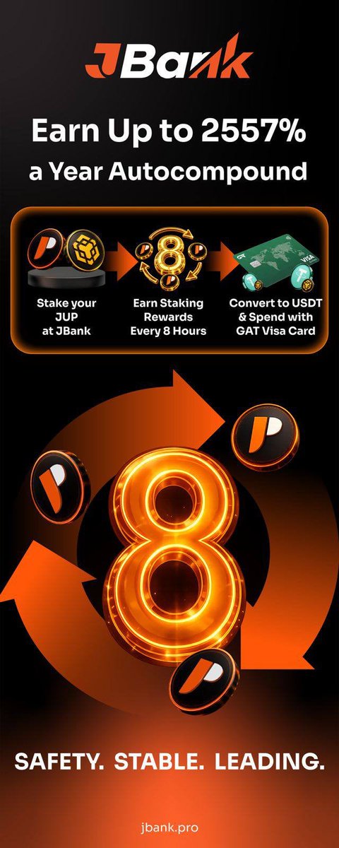 jbankpro's tweet photo. Stake. Earn. Spend.

A smarter way to put your digital assets to work.

• Up to 2557% APY
• Auto-compounding every 8 hours
• Real-world spending with the GAT Visa Card ecosystem

#JBank #BNBChain #Web3 https://t.co/fB9qvGnDu7