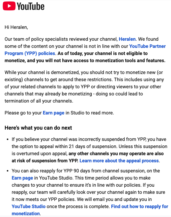 Heralen's tweet photo. I just found out this morning that my entire YouTube channel has been demonetized for "Misleading family content". I was given no additional details about how this was violated, which videos did it, or anything.

This goes without saying but it's extremely upsetting

1/x https://t.co/cl09mzh7lA