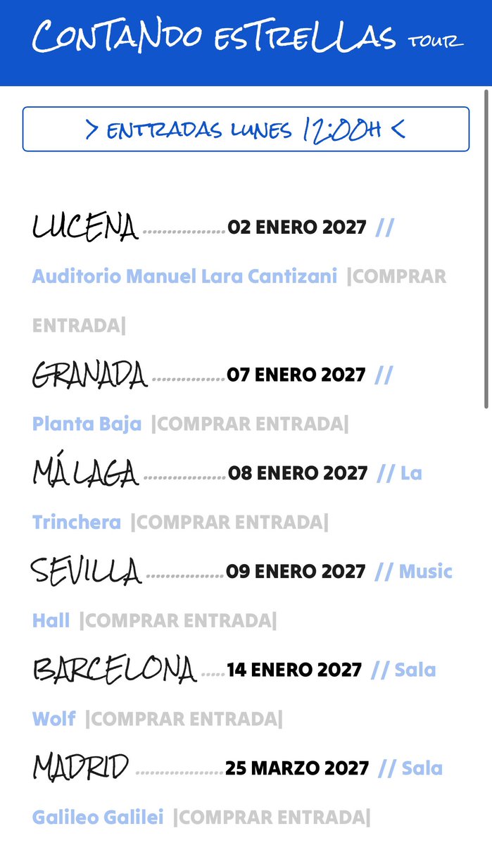 javicresponews's tweet photo. ⭐️CONTANDO ESTRELLAS TOUR⭐️

🌟LUCENA 2 ENERO 2027
🌟GRANADA 7 ENERO 2027
🌟MÁLAGA 8 ENERO 2027
🌟SEVILLA 9 ENERO 2027
🌟BARCELONA 14 ENERO 2027
🌟MADRID 25 MARZO 2027

(las 4 estrellas libres guardan más fechas que conoceremos próximamente)

ESTE LUNES A LAS 12:00 SE ABRE LA VENTA en https://t.co/NwcNYU1hEM