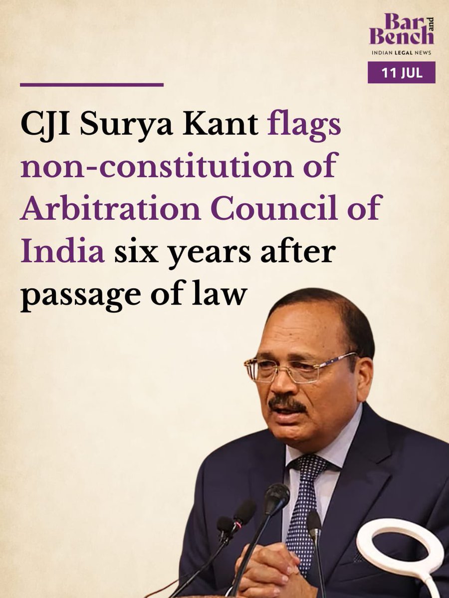 barandbench's tweet photo. CJI Surya Kant flags non-constitution of Arbitration Council of India six years after passage of law

Read here: https://t.co/WZgtWp1wGu https://t.co/iL6o99IyAA