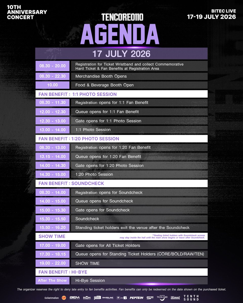 tenthsound's tweet photo. 💜✨ TEN:CORE0110 CONCERT UPDATED AGENDA ✨💜

เพื่อให้ทุกคนสามารถวางแผนการเดินทางและเข้าร่วมกิจกรรมภายในงานได้สะดวกยิ่งขึ้น ทีมงานได้ปรับปรุงรายละเอียดของตารางกิจกรรมให้เหมาะสมยิ่งขึ้น

ขอแนะนำให้ 10vely ทุกท่านตรวจสอบ Agenda เวอร์ชันล่าสุด เพื่อไม่พลาดทุกกิจกรรมและทุกโมเมนต์สำคัญตลอดทั้ง 3 วัน
ของคอนเสิร์ต TEN:CORE0110 💜🐈‍⬛

มาร่วมสร้างอีกหนึ่งความทรงจำสุดพิเศษไปด้วยกัน
ขอบคุณ 10vely สำหรับทุกความรัก ทุกกำลังใจ และการสนับสนุนที่มอบให้เตนล์มาโดยตลอด แล้วมาร่วมเติมเต็มการเดินทางตลอด 10 ปีครั้งนี้ให้กลายเป็นอีกหนึ่งความทรงจำที่เราจะเก็บไว้ด้วยกัน 💜

📅 17–19 กรกฎาคม 2569
📍 BITEC LIVE

🎟️ จำหน่ายบัตรแล้ววันนี้ที่:
https://t.co/U8xr9AUH27

💜✨ TEN:CORE0110 CONCERT UPDATED AGENDA ✨💜

To help everyone plan their visit and enjoy the event more smoothly, we have updated the concert agenda with revised details and a more suitable schedule.

We encourage all 10vely to check the latest version of the agenda so you won't miss any activities or special moments throughout all three days of TEN:CORE0110 Concert 💜🐈‍⬛

Let’s come together to create another unforgettable memory.

Thank you, 10vely, for all the love, encouragement, and unwavering support you have given TEN throughout the years.

Now, let’s complete this 10-year journey together and turn it into another beautiful memory that we will always cherish. 💜

📅 17–19 July 2026
📍 BITEC LIVE
🎟️ Tickets are available now at:
https://t.co/U8xr9AUH27

#TENCORE0110iscalling #TENCORE0110Concert
#10YearsWithTEN #TenthSound #TENLEE #เตนล์ #TEN #Ticketmelon