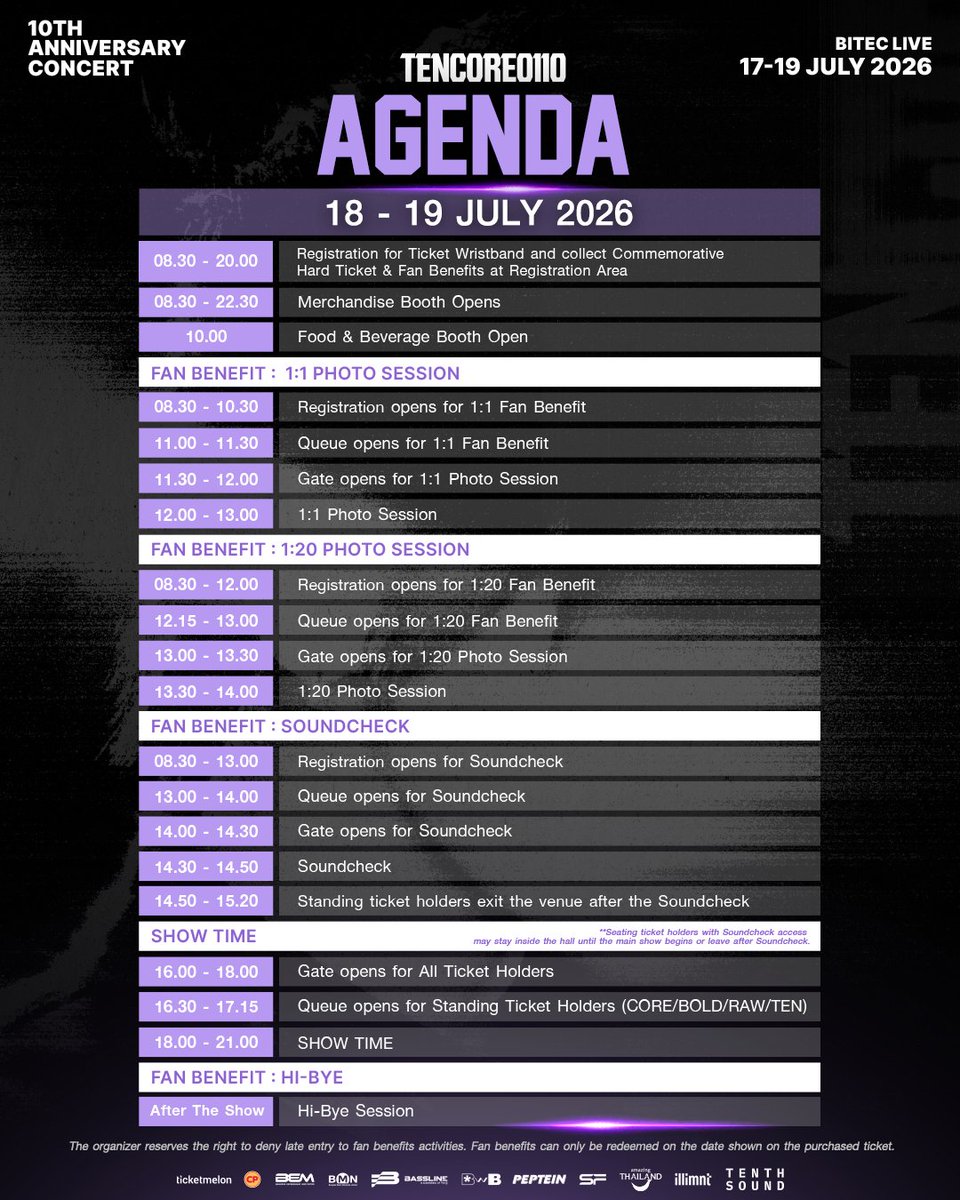 tenthsound's tweet photo. 💜✨ TEN:CORE0110 CONCERT UPDATED AGENDA ✨💜

เพื่อให้ทุกคนสามารถวางแผนการเดินทางและเข้าร่วมกิจกรรมภายในงานได้สะดวกยิ่งขึ้น ทีมงานได้ปรับปรุงรายละเอียดของตารางกิจกรรมให้เหมาะสมยิ่งขึ้น

ขอแนะนำให้ 10vely ทุกท่านตรวจสอบ Agenda เวอร์ชันล่าสุด เพื่อไม่พลาดทุกกิจกรรมและทุกโมเมนต์สำคัญตลอดทั้ง 3 วัน
ของคอนเสิร์ต TEN:CORE0110 💜🐈‍⬛

มาร่วมสร้างอีกหนึ่งความทรงจำสุดพิเศษไปด้วยกัน
ขอบคุณ 10vely สำหรับทุกความรัก ทุกกำลังใจ และการสนับสนุนที่มอบให้เตนล์มาโดยตลอด แล้วมาร่วมเติมเต็มการเดินทางตลอด 10 ปีครั้งนี้ให้กลายเป็นอีกหนึ่งความทรงจำที่เราจะเก็บไว้ด้วยกัน 💜

📅 17–19 กรกฎาคม 2569
📍 BITEC LIVE

🎟️ จำหน่ายบัตรแล้ววันนี้ที่:
https://t.co/U8xr9AUH27

💜✨ TEN:CORE0110 CONCERT UPDATED AGENDA ✨💜

To help everyone plan their visit and enjoy the event more smoothly, we have updated the concert agenda with revised details and a more suitable schedule.

We encourage all 10vely to check the latest version of the agenda so you won't miss any activities or special moments throughout all three days of TEN:CORE0110 Concert 💜🐈‍⬛

Let’s come together to create another unforgettable memory.

Thank you, 10vely, for all the love, encouragement, and unwavering support you have given TEN throughout the years.

Now, let’s complete this 10-year journey together and turn it into another beautiful memory that we will always cherish. 💜

📅 17–19 July 2026
📍 BITEC LIVE
🎟️ Tickets are available now at:
https://t.co/U8xr9AUH27

#TENCORE0110iscalling #TENCORE0110Concert
#10YearsWithTEN #TenthSound #TENLEE #เตนล์ #TEN #Ticketmelon