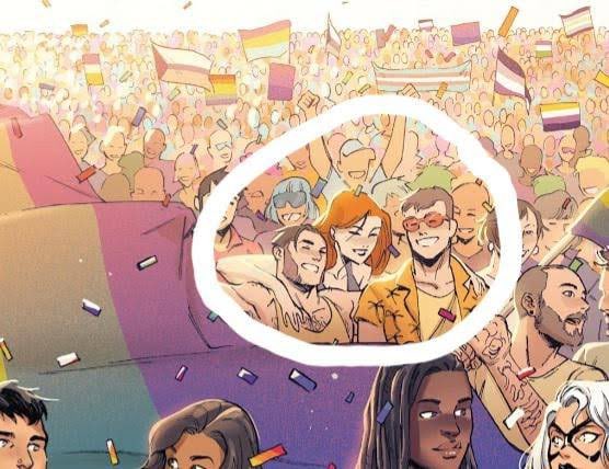 Whitehole45's tweet photo. @jk_tidwell Only Jean, Wolverine, and Cyclops have rooms connected to each other, and only those three participated in the Pride Month parade. Emma wasn’t among them. I don’t understand how the two panels you posted prove that Emma and Cyclops are having an affair? https://t.co/VPvop6MHSm