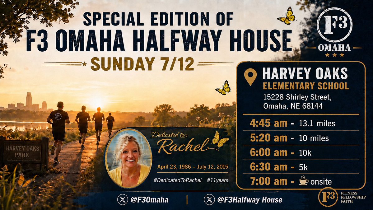 pbiodrowski's tweet photo. Tomorrow. 🦋 Memorial run - 11 years

Join us for a special edition of @F3Halfway House. Run 5K, 10K, 10 miles, or 13.1, then stay for coffee and fellowship. @F3Omaha @F3SarpySwagger 

📍Harvey Oaks https://t.co/XWzfHxLS9l
13.1 Route: https://t.co/xHH1e87s8H

#RachelsMemory https://t.co/n1LzeScRsF