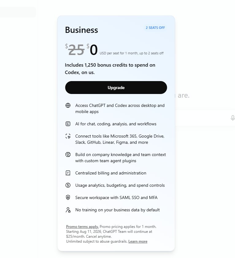 EchoXuAI's tweet photo. ChatGPT Business Plan 首月 0 元白嫖 — 附带 1250 Codex 积分

福利详情：
官方放出 ChatGPT Business Plan 专属优惠码，首月立减 $50，相当于 2 个席位首月直接 $0 开通！注意使用美区IP
额外福利：
如果你已有 Workspace，绑定后还可以直接白拿 1250 个 Codex 积分。

https://t.co/2KyW6zNA7l https://t.co/Z20bQA9RZf