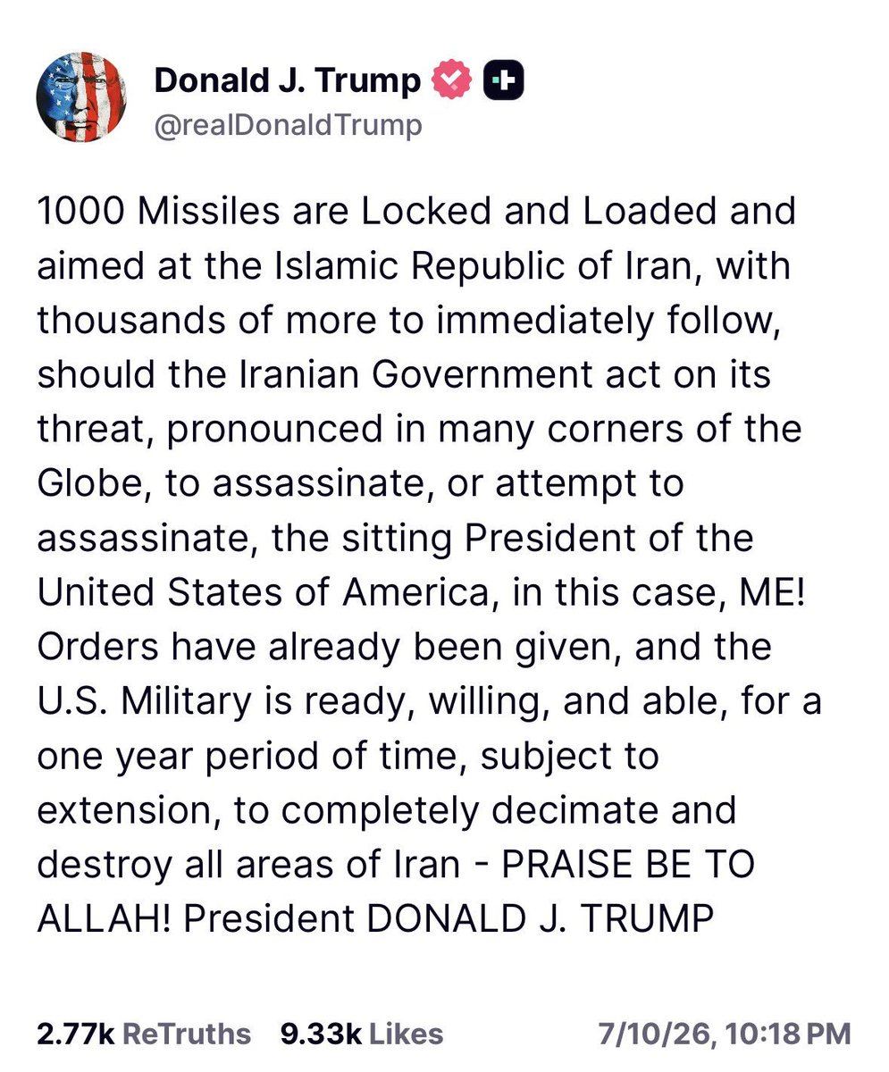 RadioFreeTom's tweet photo. So much weirdness in this most recent threat to destroy Iran. (Why one year? Praise Allah?) The Iranians have, I suspect, learned to tune all this out.

But something's very wrong with the president. https://t.co/XX7xrPTUfS