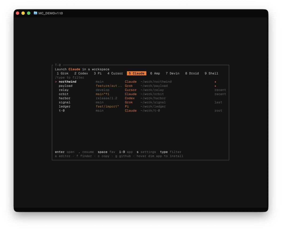aatosolavi's tweet photo. first post 👋

built a little launchpad for agent work.

T-0 = a real terminal in a browser tab + a pad to pick a repo and fire Claude / Codex / Pi / Cursor / Grok Build / etc. few clicks, off you go 🚀

under the hood: local PTY, xterm.js, and a Ratatui launcher (`t0`). plays nice in your usual browser (Dia, Helium, etc.) and with terminal multiplexers like https://t.co/qMW4cReWSG

made it for myself. local-only. MIT. open to contributions if you live in agent CLIs too.

https://t.co/5Mv92BbUvC