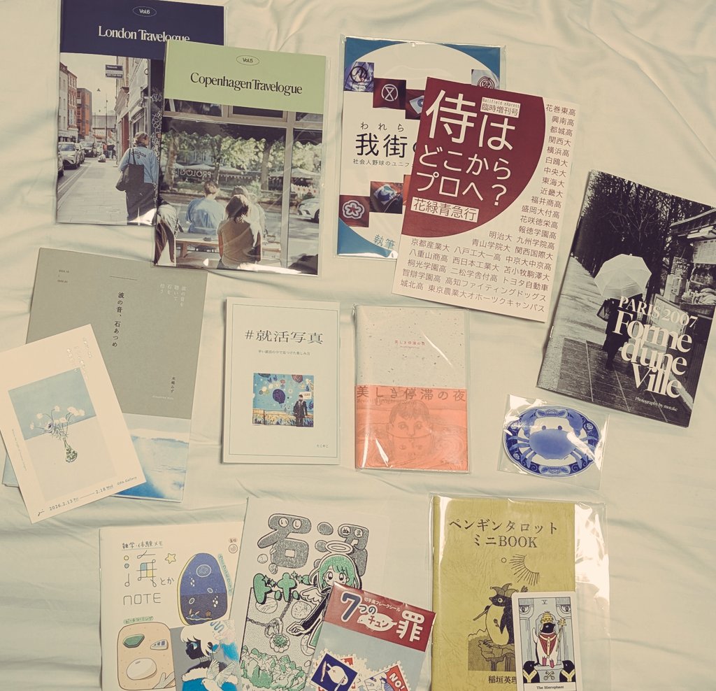 IncBalloon's tweet photo. #ZINEフェス東京 、ありがとうございました🗼
素敵な戦利品たちです✨️
（明らかにホテルのベッドの上に並べている感じがありますが目を瞑ってください🥹） https://t.co/BrbFN3rQ4t