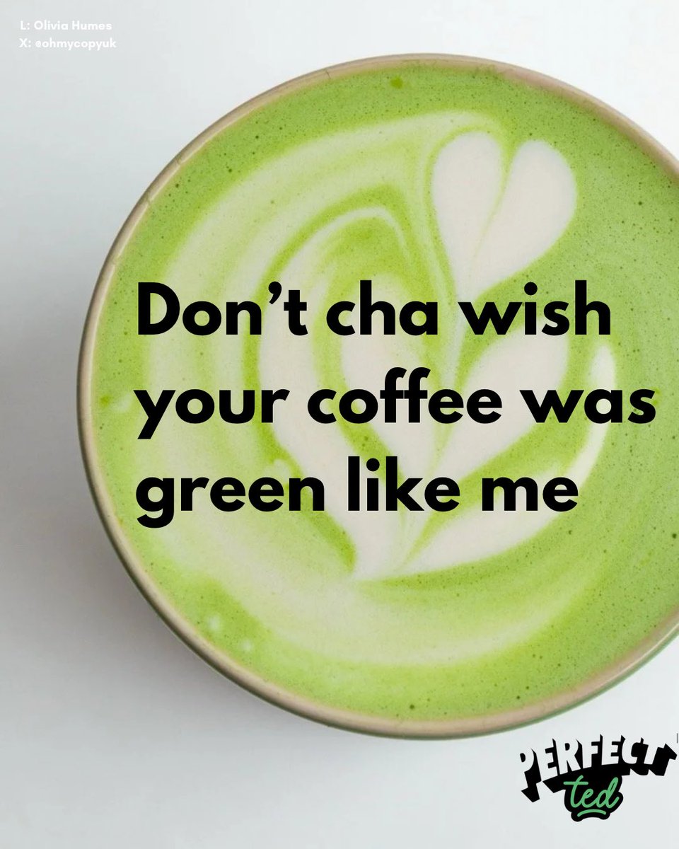 ohmycopyuk's tweet photo. Late one but thought I’d post anyway @OneMinuteBriefs
Create posters that makes people want to try #PerfectTedMatcha, showing the versatility of the ingredient - and makes the case for matcha as a better kind of energy without putting coffee down. https://t.co/3s51VgtEl6