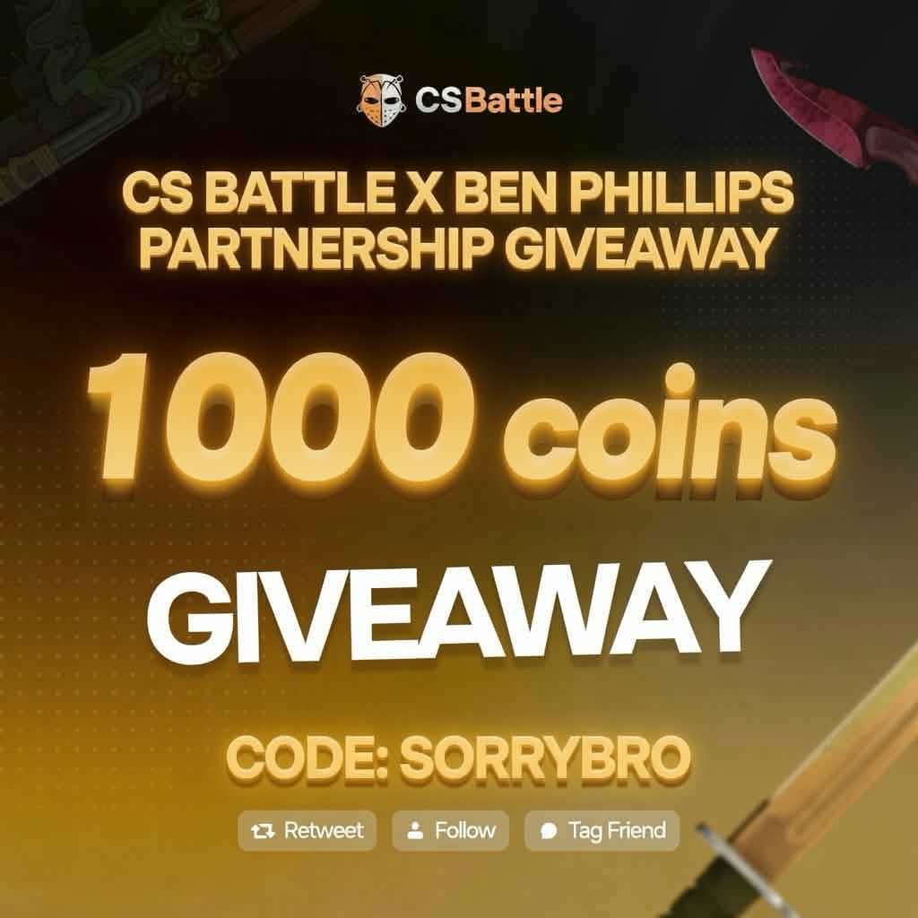 BenPhillips's tweet photo. NEW #GIVEAWAY 🎉 💰 1000 coins ($650) on @CsBattleCom all you goto do it LIKE &amp; RT AND FOLLOW THEM AND ME and sign up using code: sorrybro picking winner in 48 hours 🎁 ⏰ GOOD LUCK BRUVS!!!! Comment below when done. https://t.co/alTTjj9Y0O