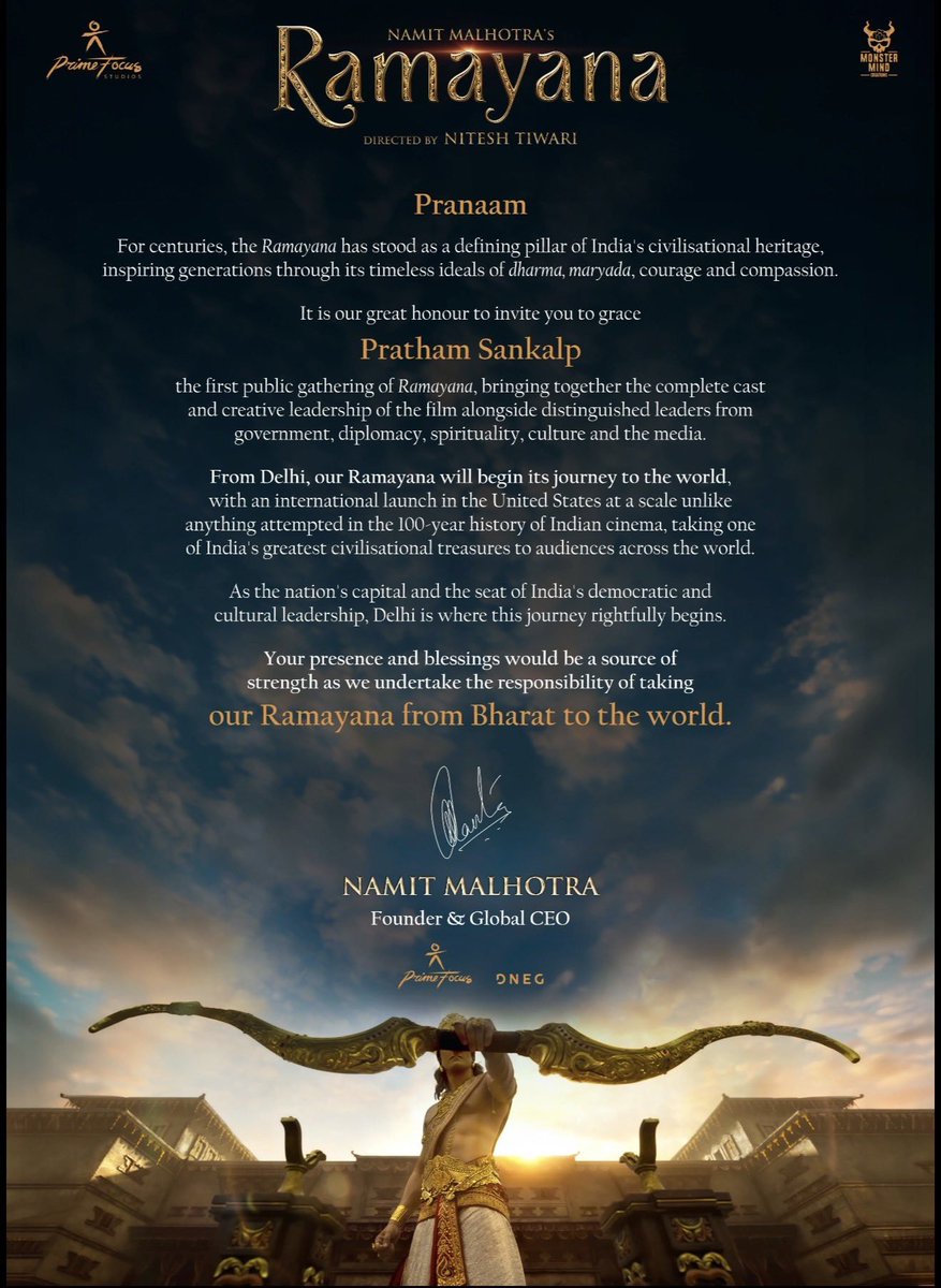 vajraTheAstra's tweet photo. Invite for the event at Bharat Mandapam, New Delhi for the trailer launch of #Ramayana on 18th July, 2026. Digitally arrives after debuting at San-Diago Comic Con. 🏹

Image credit: @Its_CineHub https://t.co/Bq69AXXwGX