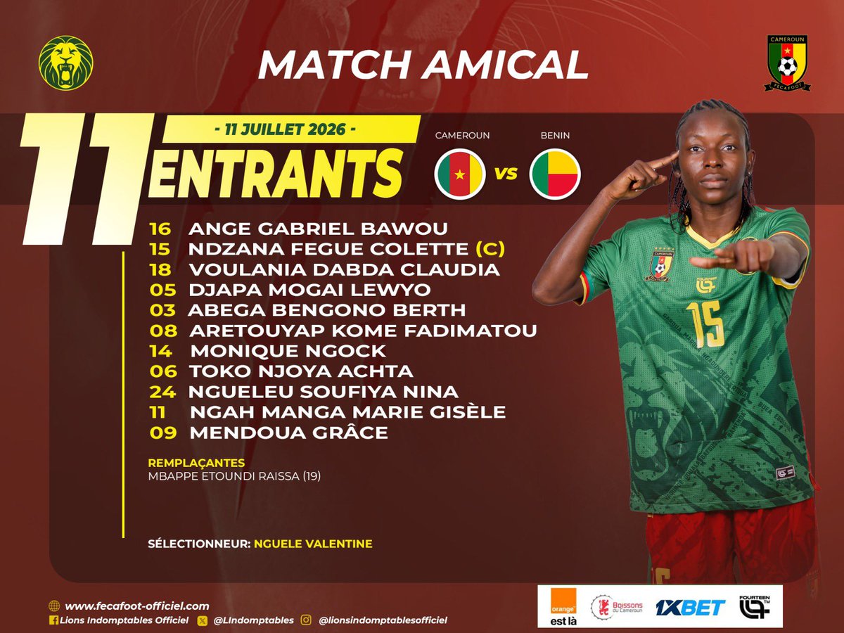 LionnesIndompt1's tweet photo. 🔥⚽⚽ #MATCHDAY
Exceptionnellement 2 équipes disputeront ce match amical contre le Benin. Chacune des équipes disputera une mi-temps
#CAMEROUN 🇨🇲 🆚 🇧🇯 #BENIN
📆 11/07/2026
⏰ 16H00
🏟️ Stade Militaire de Ngoa Épelle
📍 Yaoundé
#WAFCON2026 | #CMRBEN | #AMICAL | #GOLIONESSES https://t.co/qeCHZhWWhj