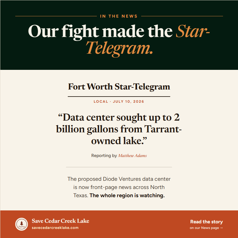 SaveCedarCreek's tweet photo. The Star-Telegram reported on the data center that wants up to 2 billion gallons of our lake water a year. Read it:
https://t.co/w8eJe7Oi3S https://t.co/OV5kJ5FzAw