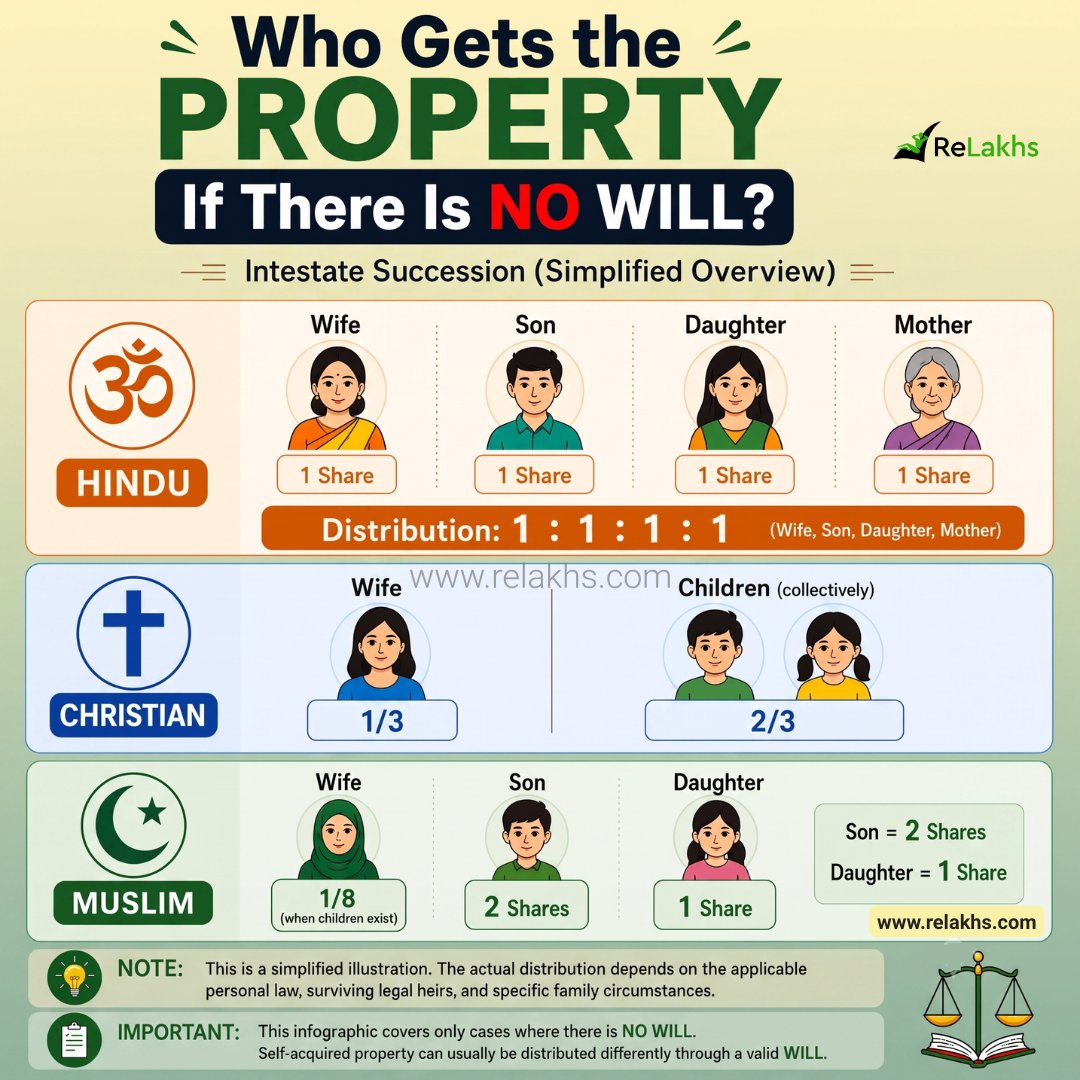 ReLakhs's tweet photo. No WILL? Who legally inherits the property?

Many inheritance disputes begin because of assumptions—not because of the law.

This infographic explains one common inheritance scenario (when a man dies intestate) under Hindu, Christian, and Muslim personal laws.

📌 Simplified overview for educational purposes. Actual legal heirs and their shares depend on the applicable law, surviving family members, and the facts of each case.

#Inheritance #Will #Property #LegalHeirs #EstatePlanning #India
