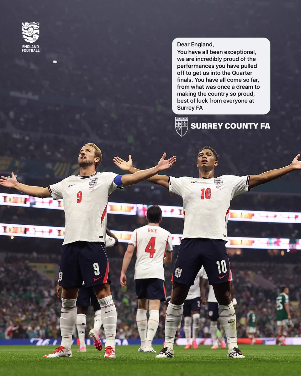 Harry Kane and Jude Bellingham celebrate as England receive a message of support from Surrey FA.