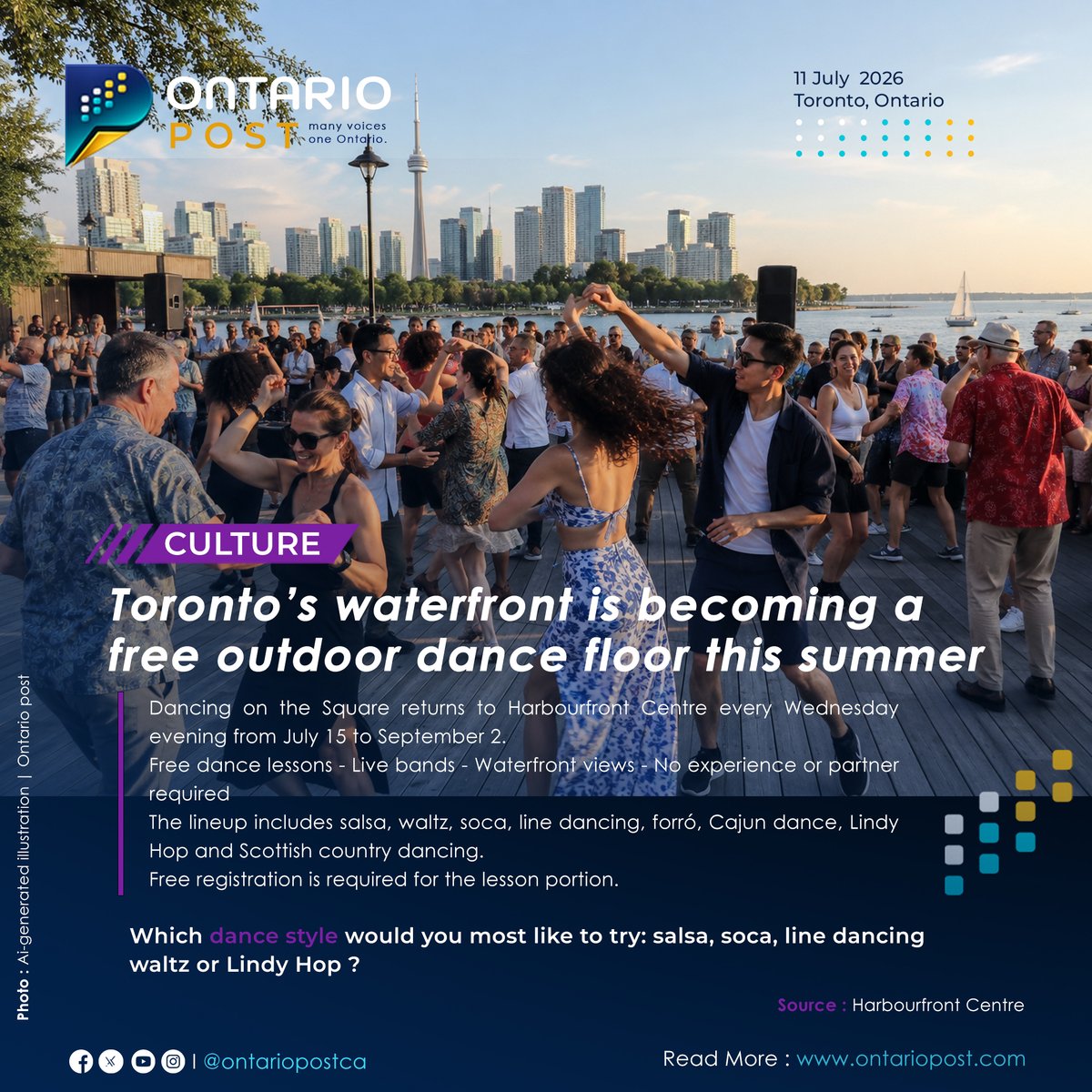 TheOntarioPostM's tweet photo. Toronto’s waterfront is becoming a free outdoor dance floor this summer.
https://t.co/DSxp1n7ubO
Sources : Harbourfront Centre
#Toronto #TorontoEvents #HarbourfrontCentre #DancingOnTheSquare #TorontoWaterfront #FreeToronto #TorontoSummer #DanceToronto #ThingsToDoToronto https://t.co/cPccXqastG