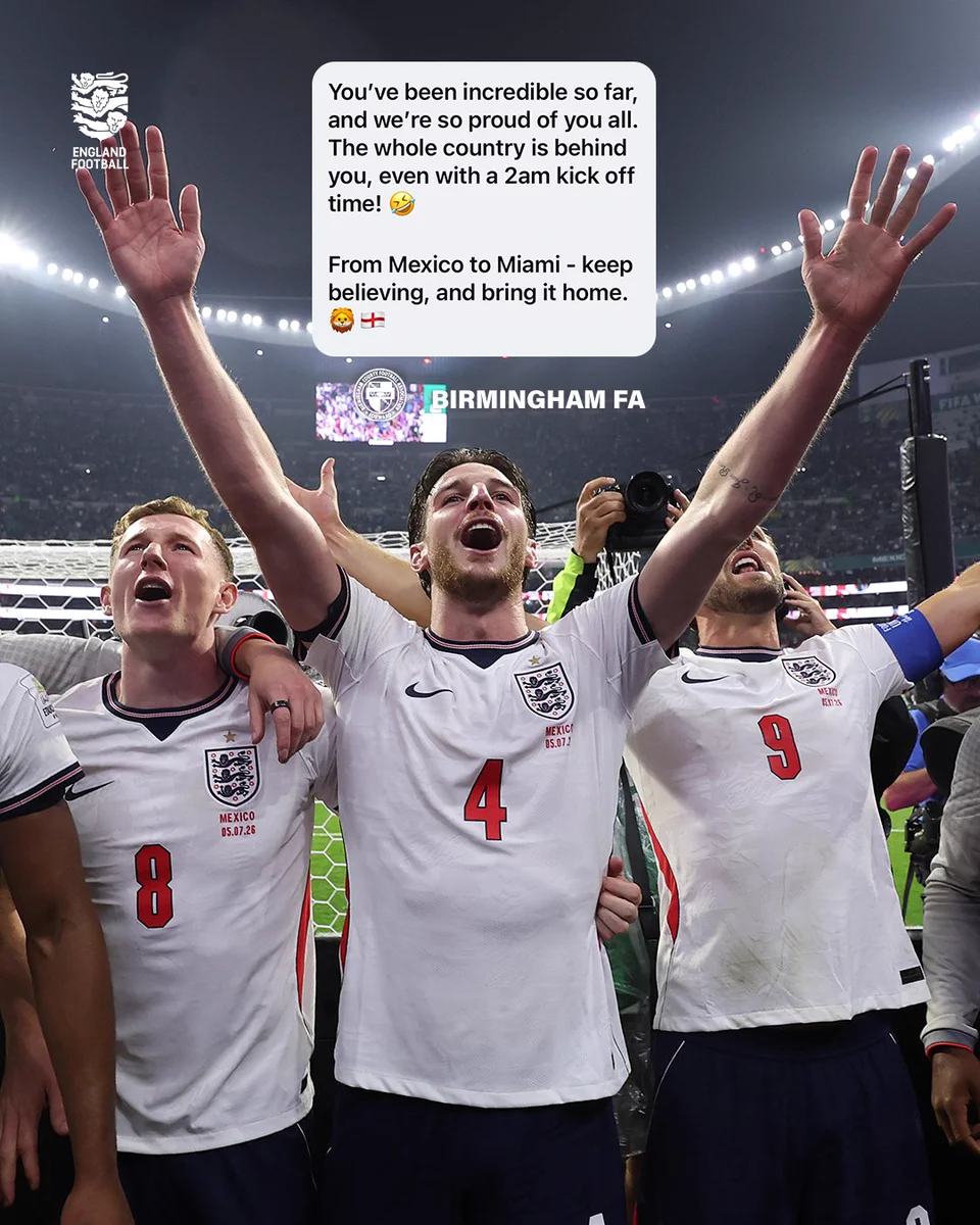 England players celebrate together as they receive a message of support from Birmingham FA.